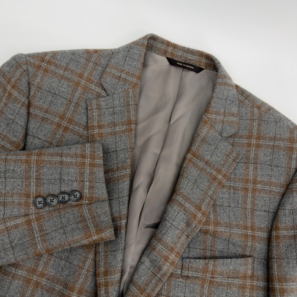 Paul Stuart Mens 43R Plaid Sport Coat Blazer Grey Brown Wool Cashmere